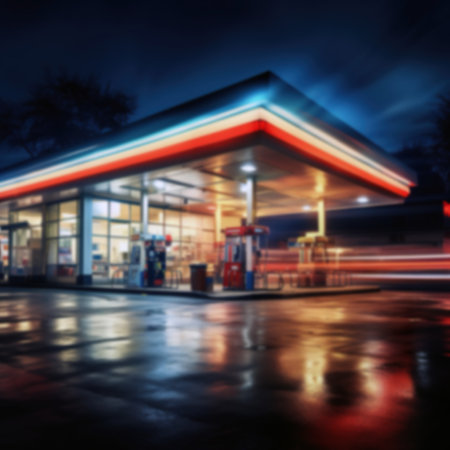 Blurred image of gas station at night. Defocused background.の素材