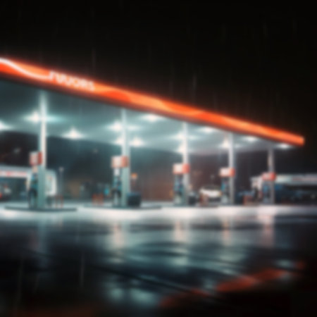 Blurred gas station with bokeh lights and reflections on the floorの素材