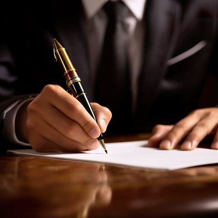 businessman signing a contract with a fountain pen on a wooden tableの素材