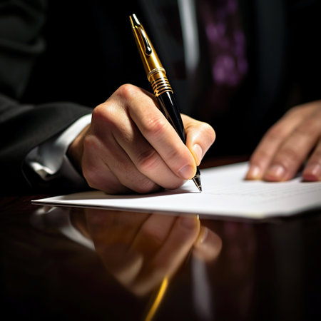 Businessman signing a contract with a fountain pen on a desk.の素材