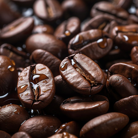 Roasted coffee beans with water drops. Close up. Macro.の素材