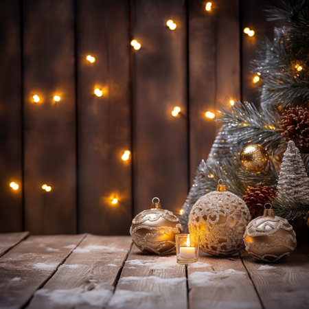 Christmas decoration on wooden background with bokeh lights. Copy space.の素材