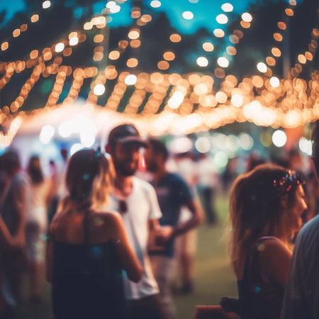Blurred crowd of people at a music festival on a summer eveningの素材