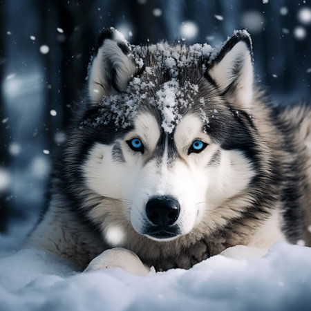 Siberian Husky dog with blue eyes in winter forest.の素材