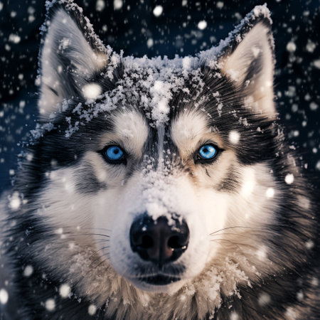 Portrait of a beautiful Siberian Husky dog with blue eyes.の素材
