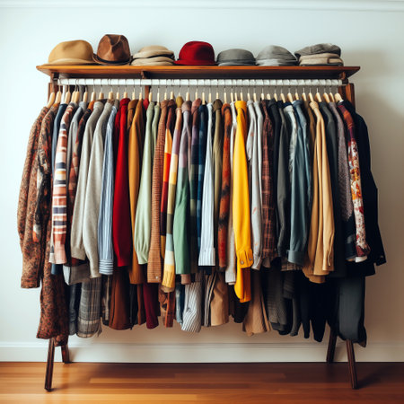 Clothes hanging in a wardrobe. Wardrobe with clothes and hatsの素材