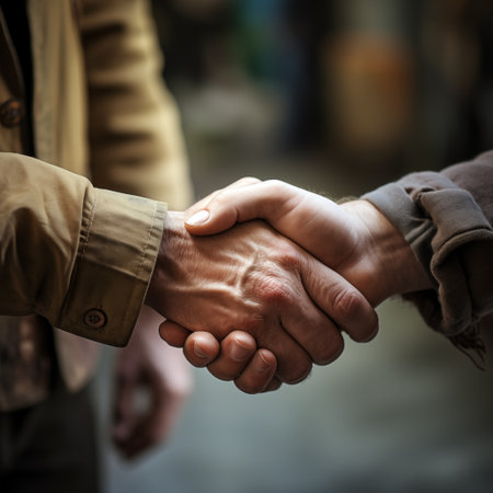 Close-up image of a young man and woman shaking hands.の素材