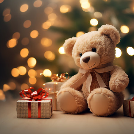 Teddy bear with christmas gifts on bokeh background.の素材
