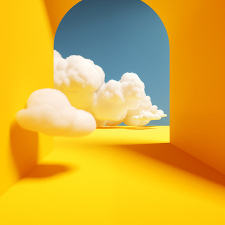 3d illustration of abstract background with yellow door and white fluffy cloudsの素材