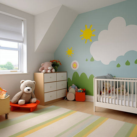 3d rendering of a children's room with a crib and toysの素材