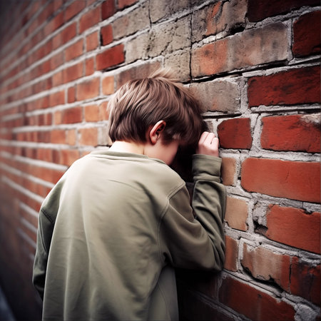 Teenage boy leaning against a brick wall in a urban environment.の素材
