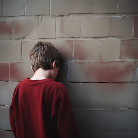 Young boy standing in front of a brick wall and looking down.の素材