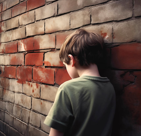 Little boy standing in front of a brick wall looking at the cameraの素材