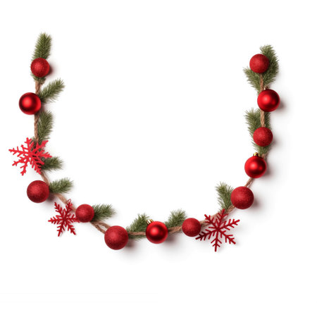 Christmas wreath with red balls and snowflakes on white backgroundの素材