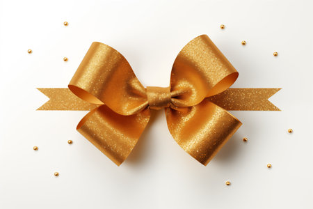 Golden gift bow isolated on white background. 3d render illustration.の素材