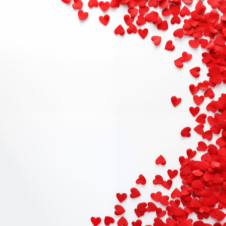Valentine's day background with red paper hearts on white backgroundの素材