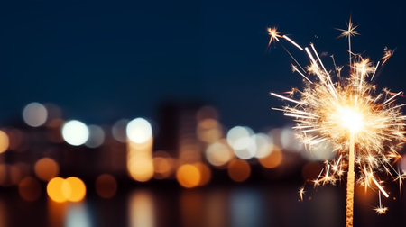Christmas and New Year party sparkler on blurred city background with bokehの素材
