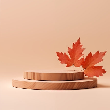 Wooden podium for product presentation with autumn leaves. 3d renderの素材