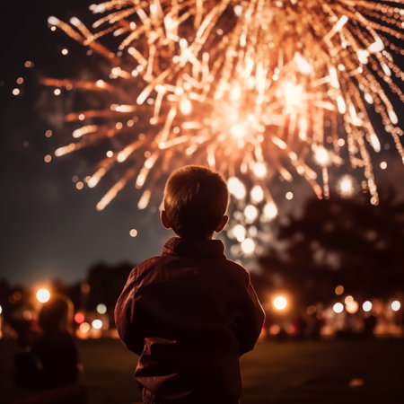 Little boy looks at fireworks in the night sky. Selective focus.の素材