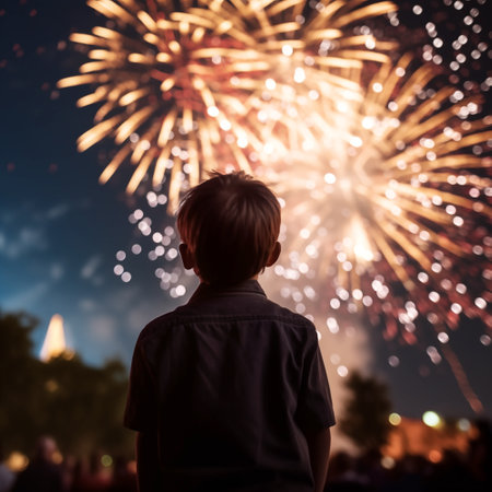 Little boy looking at fireworks on the background of the night city.の素材