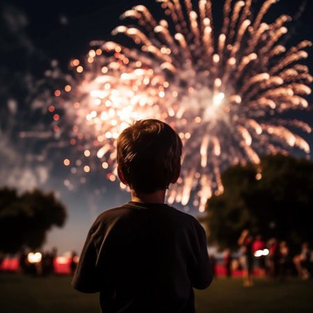 Young boy watching a fireworks display in the park on a summer eveningの素材