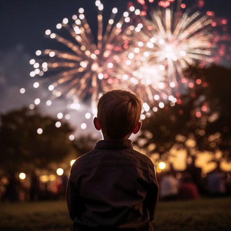 Little boy watching fireworks in the night park. Christmas and New Year concept.の素材