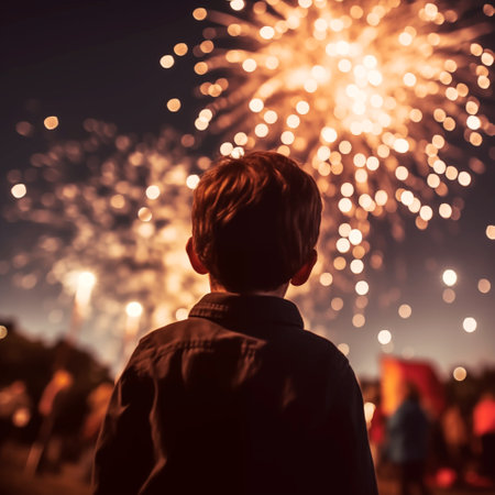 Little boy looks at fireworks on the background of the night city.の素材