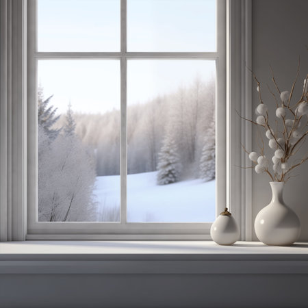3D render of a winter landscape with a window and a vase with flowersの素材