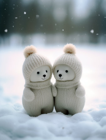 Couple of cute knitted bears in the snow. Winter background.の素材