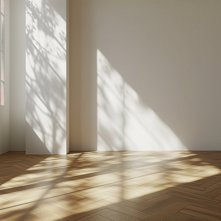 Empty room with wooden floor and sunlight from window. 3d renderの素材