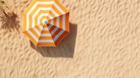 Top view of orange umbrella on sand background. Summer concept. 3D Renderingの素材
