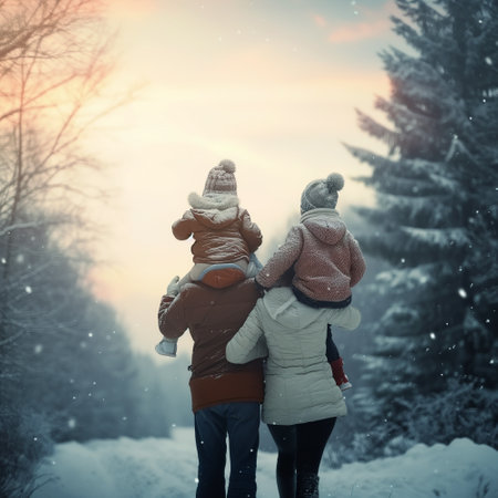 Happy family walking in the winter forest. Mother, father and child having fun outdoors.の素材