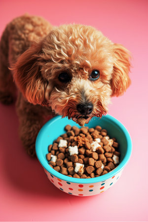 Cute dog with bowl of dog food on pink background, closeupの素材