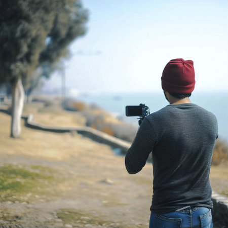 A young man in a red hat and a black t-shirt is taking pictures of the sea.の素材