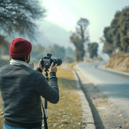 Photographer taking a picture of the road in the foggy morningの素材