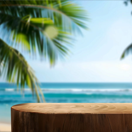 Wooden table top on blur tropical beach background - can be used for display or montage your productsの素材