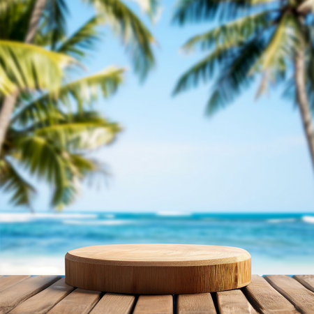 Wooden podium on a wooden table over blurred tropical beach background, product displayの素材