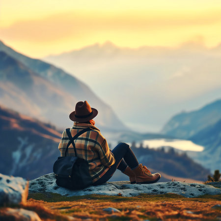 Hiker sitting on a rock in the mountains and looking at the sunsetの素材