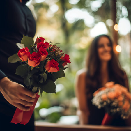Woman holding a bouquet of red roses in her hands in a flower shopの素材