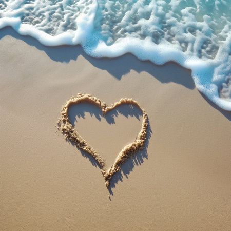 Heart on the beach with sea wave and sand. Valentines day backgroundの素材