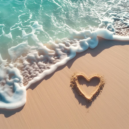 Heart drawn in sand on a beach with sea wave and foam.の素材