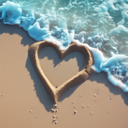 Heart shape in sand on the beach with sea wave. Love conceptの素材
