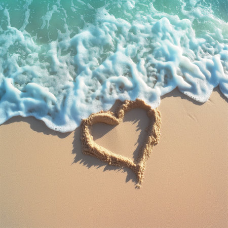 Heart drawn in the sand on the beach with sea wave background.の素材