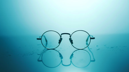 glasses with reflection on blue background, eyeglasses with reflectionの素材