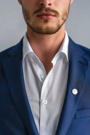 Close-up of a man in a blue suit with a beardの素材