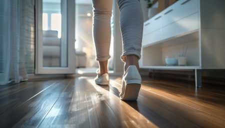 Low section of woman in white sneakers standing on wooden floor at homeの素材