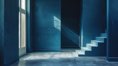 interior of empty room with blue wall and stairs, 3d renderの素材