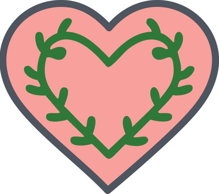 Illustration of a heart with green leaves on a white background.のイラスト素材