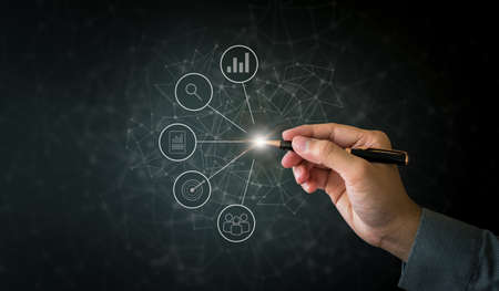 Businessman pen point in concept of growth and success of leadership employee work performance.