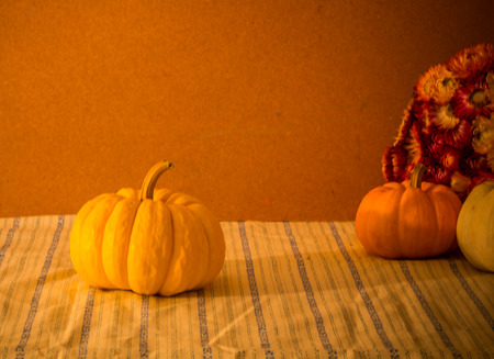 Tiny pumpkins and dry flower  on tabl stil llifeの写真素材